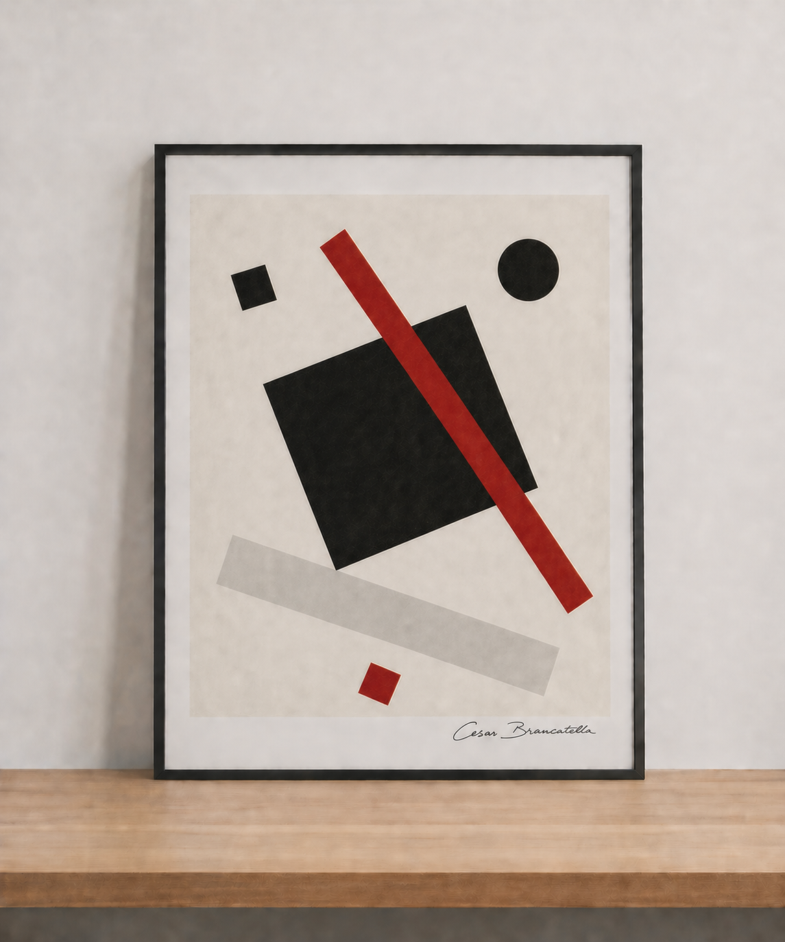 Abstract geometric art on wooden ledge