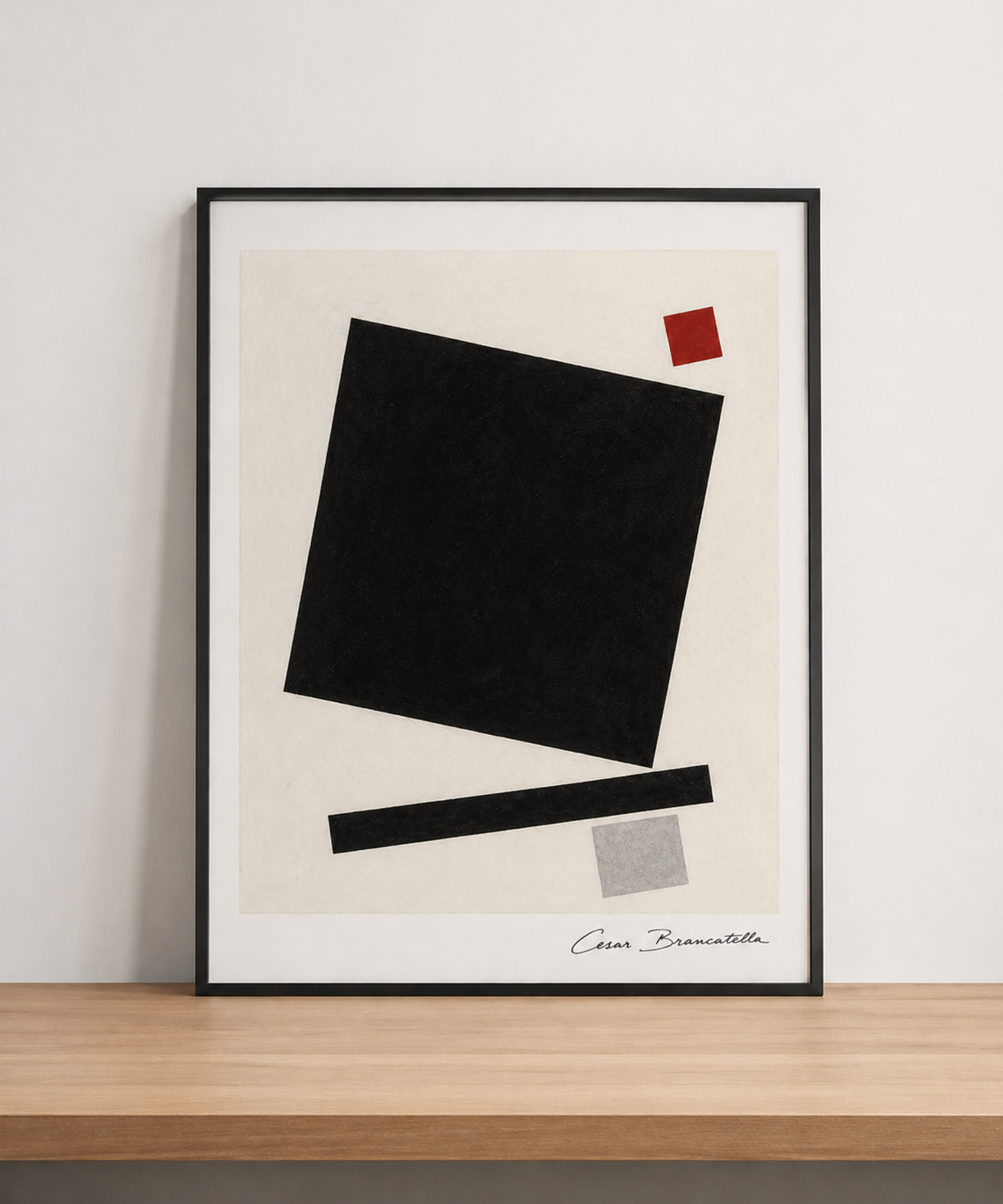 Abstract geometric art on wood shelf (2)