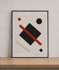 Geometric abstract art on wooden shelf
