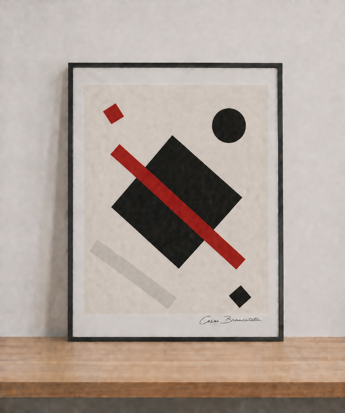 Geometric abstract art on wooden shelf
