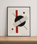 Geometric abstract art on wood shelf