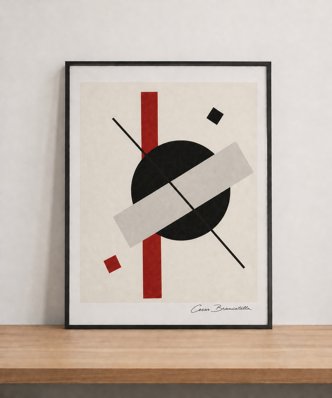 Geometric abstract art on wood shelf