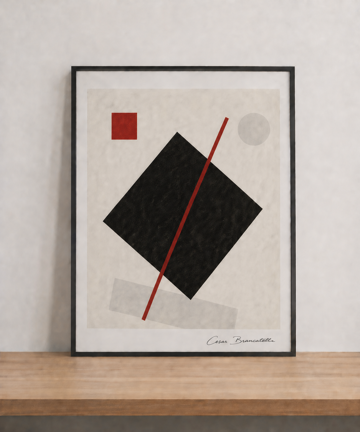 Minimal abstract art on wooden shelf