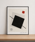 Minimalist abstract art on wood shelf