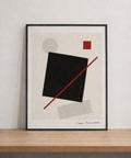 Minimalist abstract artwork on wood shelf