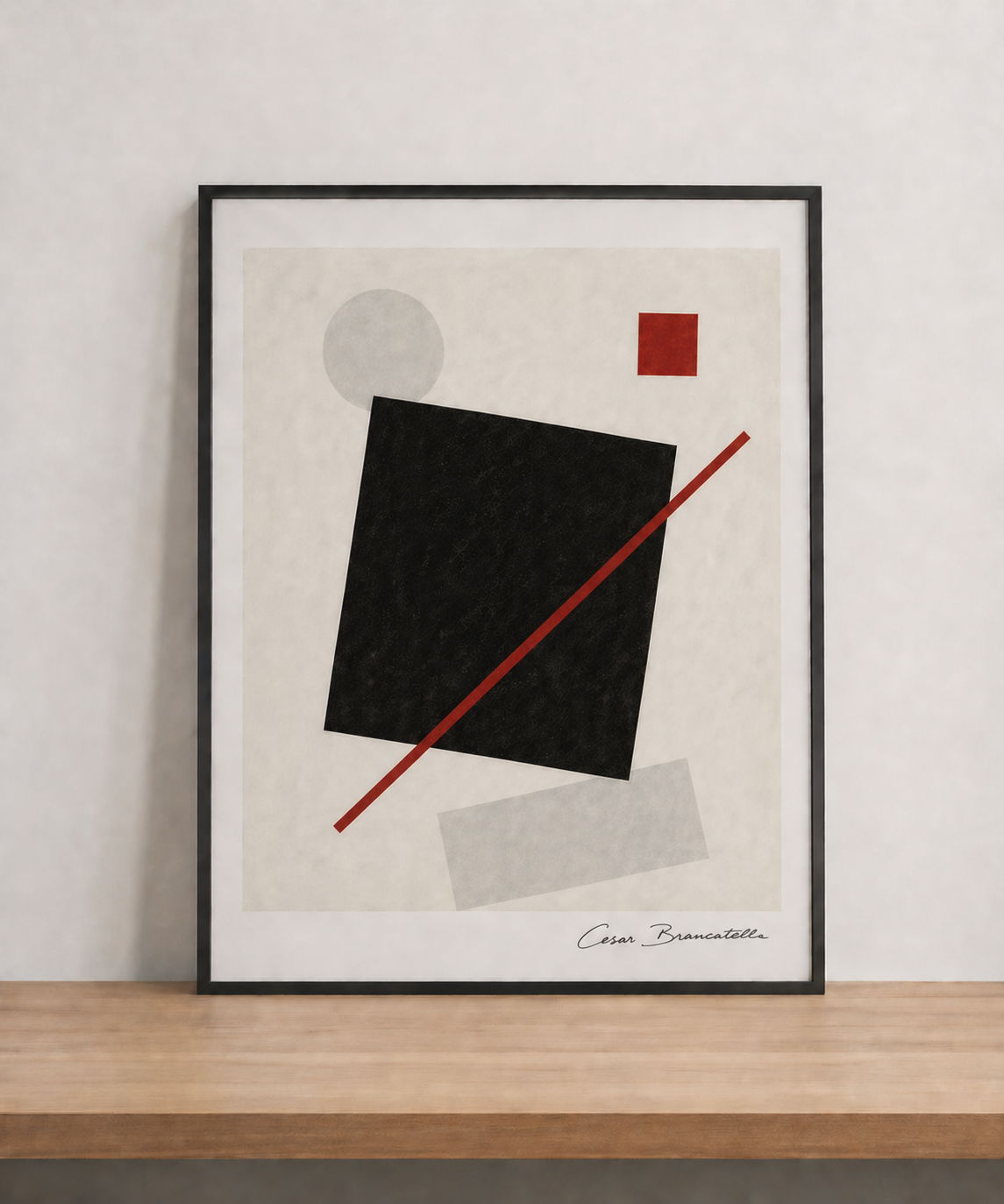 Minimalist abstract artwork on wood shelf