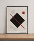 Minimalist geometric art on wood shelf